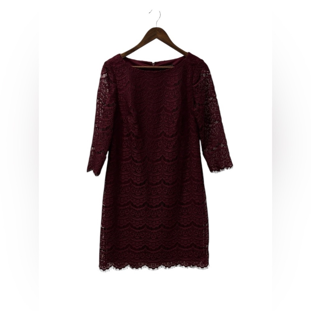 Jessica Howard Lace Knee Length 3/4 Sleeve Sheath Dress Wine Size 8 Romantic